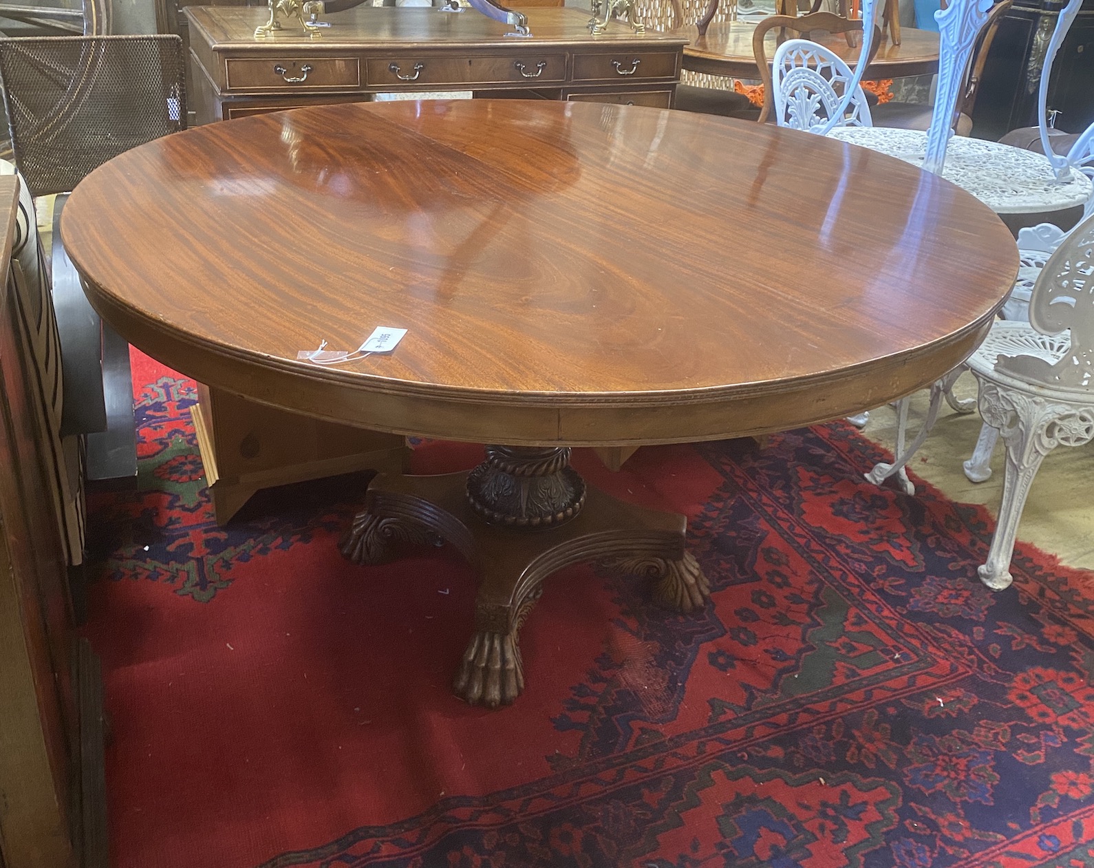 A WIlliam IV circular mahogany tilt top breakfast table on fluted column and lion's paw feet, diameter 145cm, height 76cm